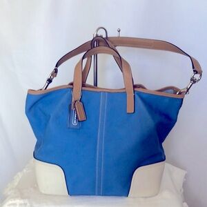 COACH blue and cream Hadley Twill large duffle canvas/leather tote bag F28286.